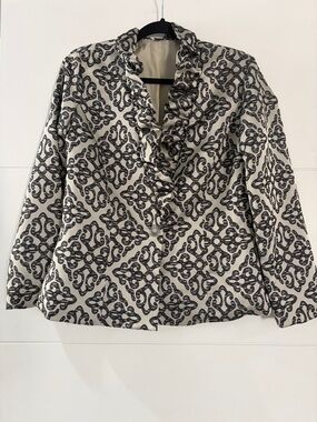 Connie Roberson Ruffled Front Patterned Blazer/Jacket - Black & Cream, Women’s M